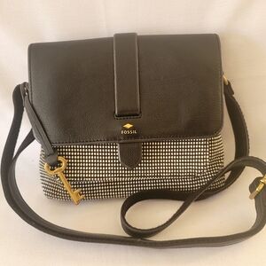 FOSSIL Leather Black and White Crossbody Bag & Key